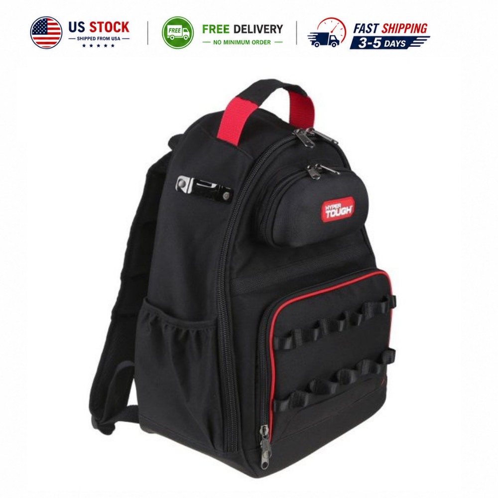 Hyper Tough Black Tool Backpack with Pockets and Loops, Portable Tool Storage