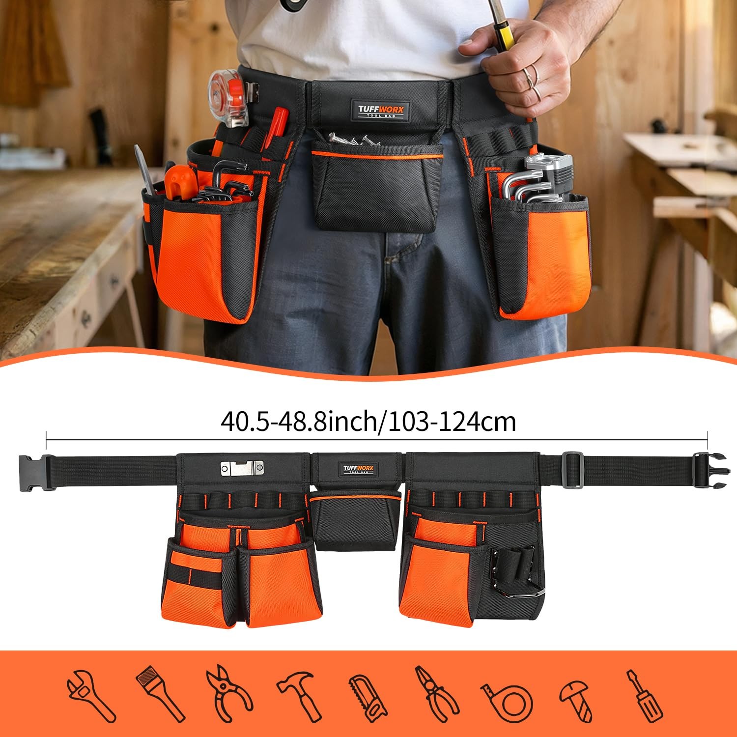 Tool Belt With Multiple Pockets Heavy Duty Construction Pouch Black And Orange