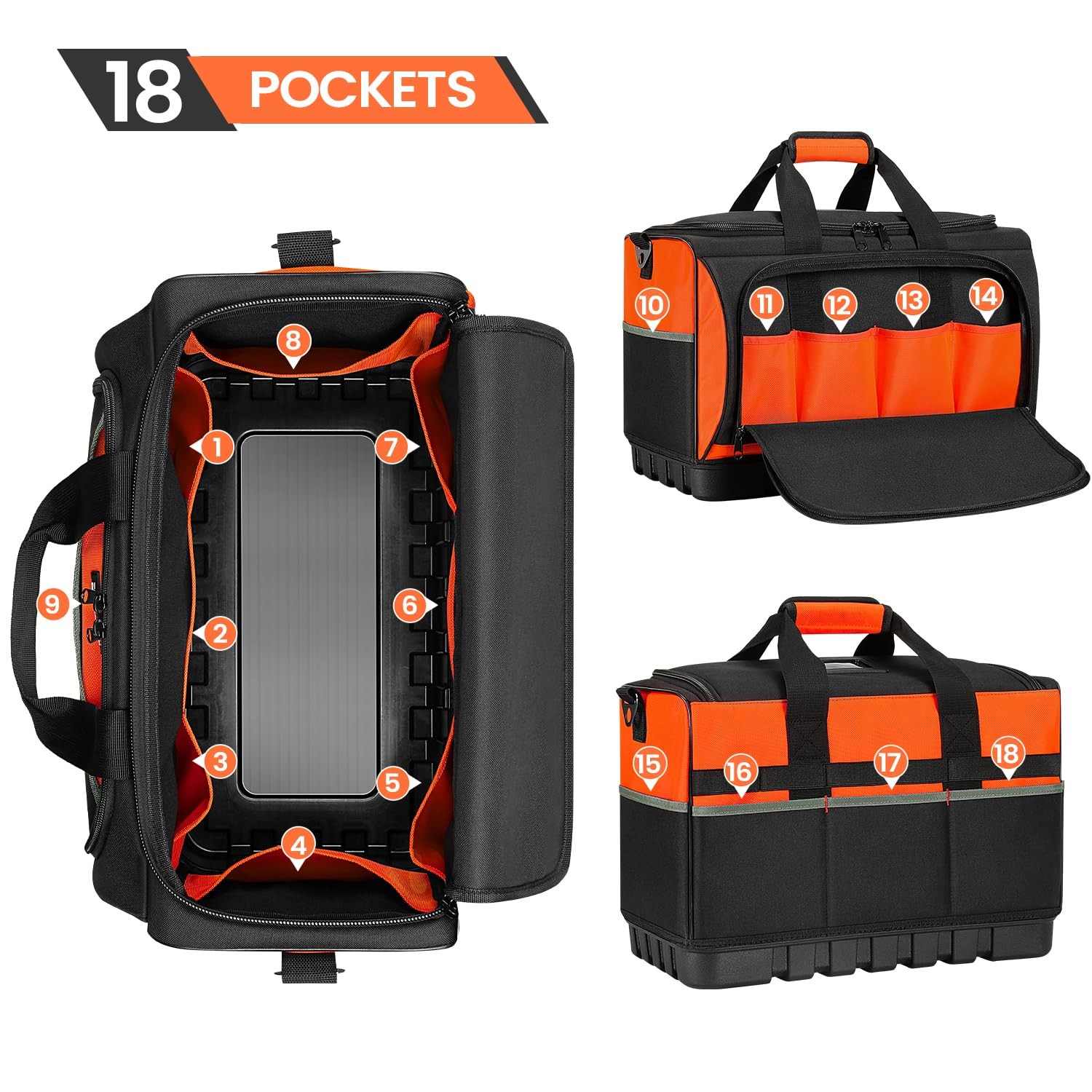 17.7×12.6×11 Inch 18 Pocket Wide Mouth Tool Bag Waterproof Base Black Orange