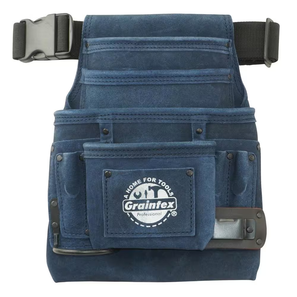 10-Pocket Nail and Tool Pouch W/Belt in Navy Blue Suede Leather W/Hammer Holder