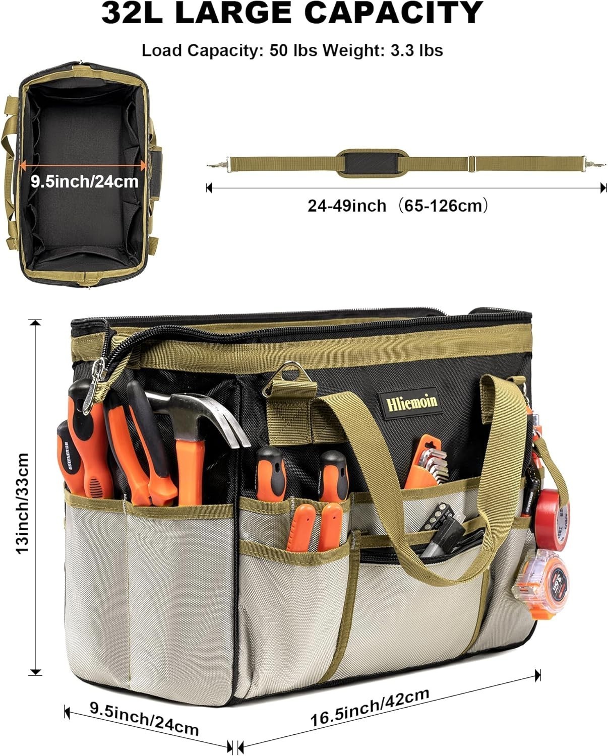 16.5-Inch Heavy Duty Tool Bags Men 32-Pocket Large Tool Organizer Storage 1680D