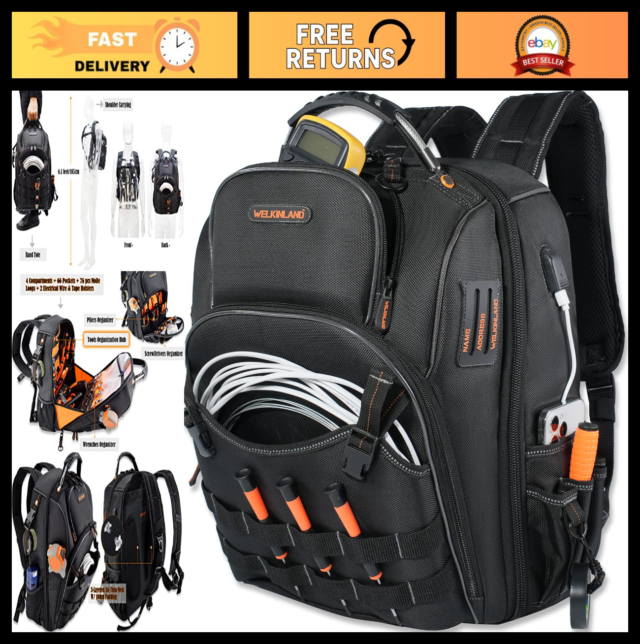 66-Pocket Heavy-Duty Tool Backpack for Electricians & Construction Workers