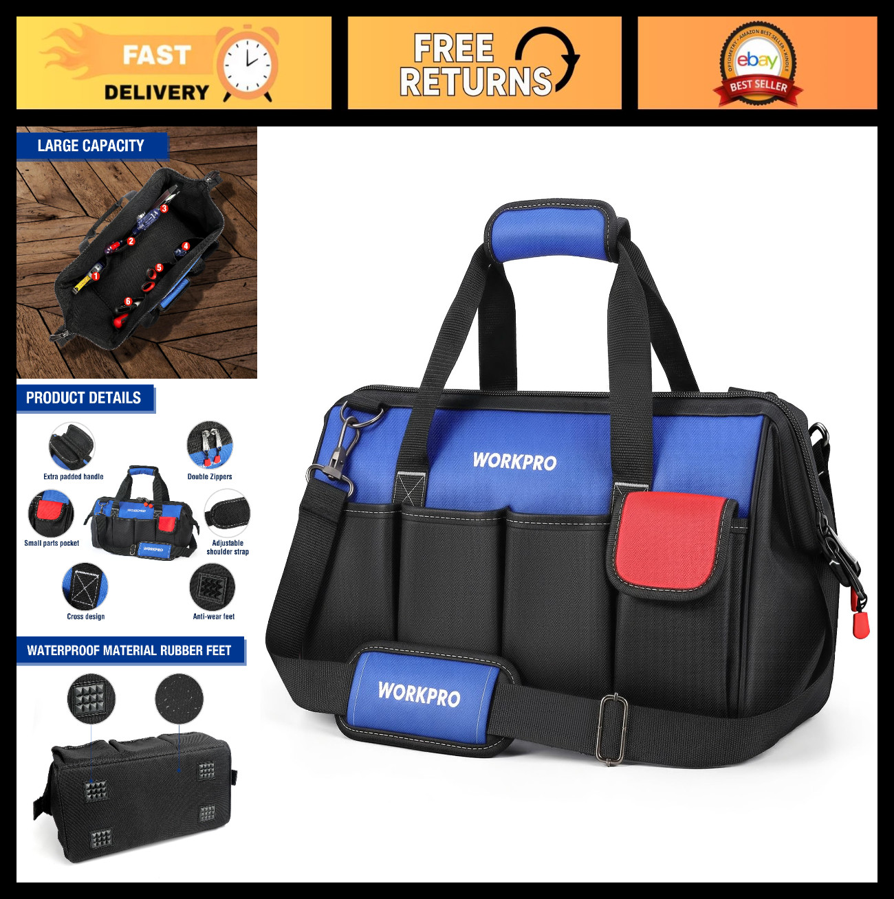 18″ Wide Mouth Tool Bag with Adjustable Shoulder Strap, Sturdy Bottom, Storage O
