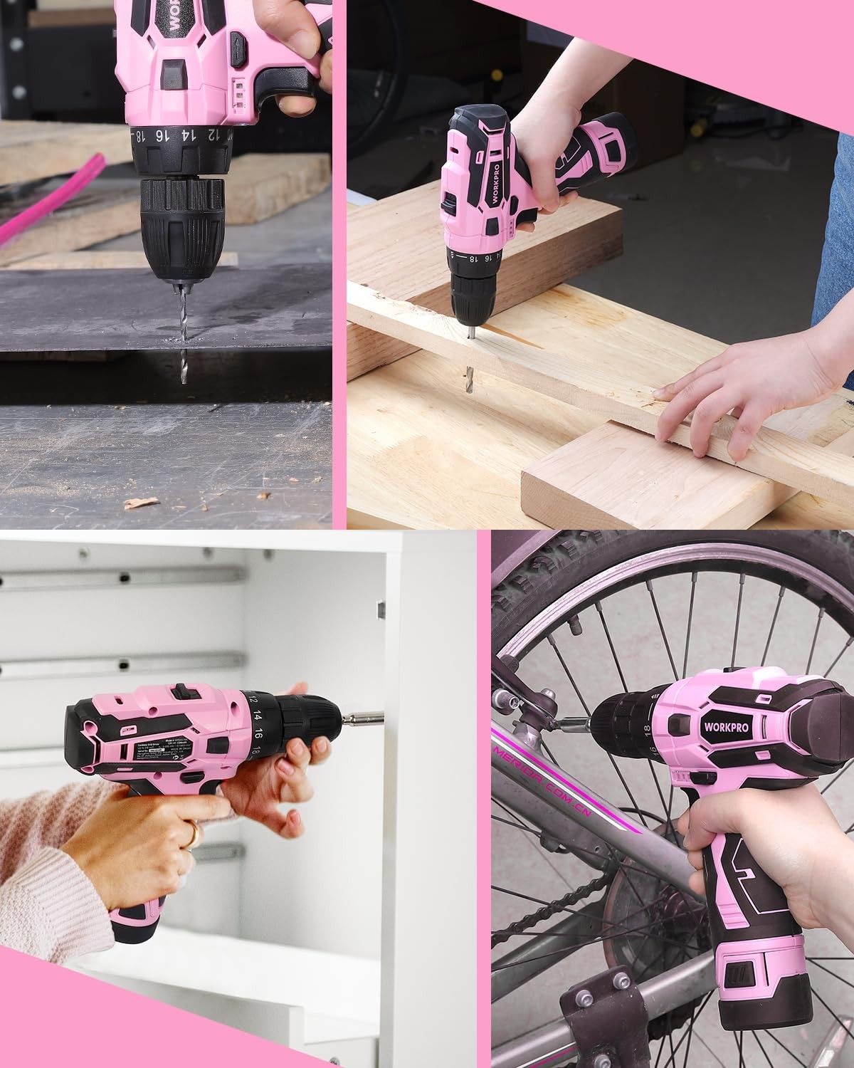 WORKPRO Pink Cordless Drill Driver Set, 12V 1-4 for small size screws,