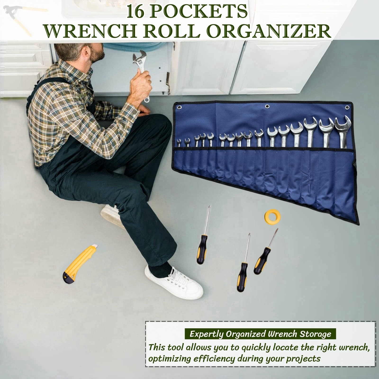 BLIRITEL 16 Pockets Wrench Roll Up Pouch, 25.6 x 18 x 1 inches, Blue