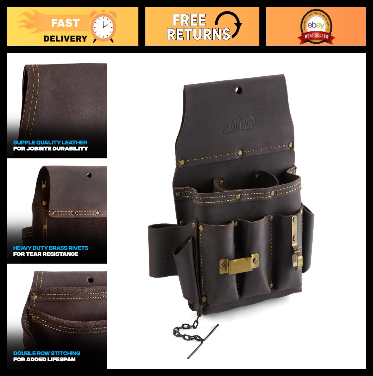 Full Grain Leather Tool Pouches – Double Stitching, Rivet Reinforced Pockets, Du