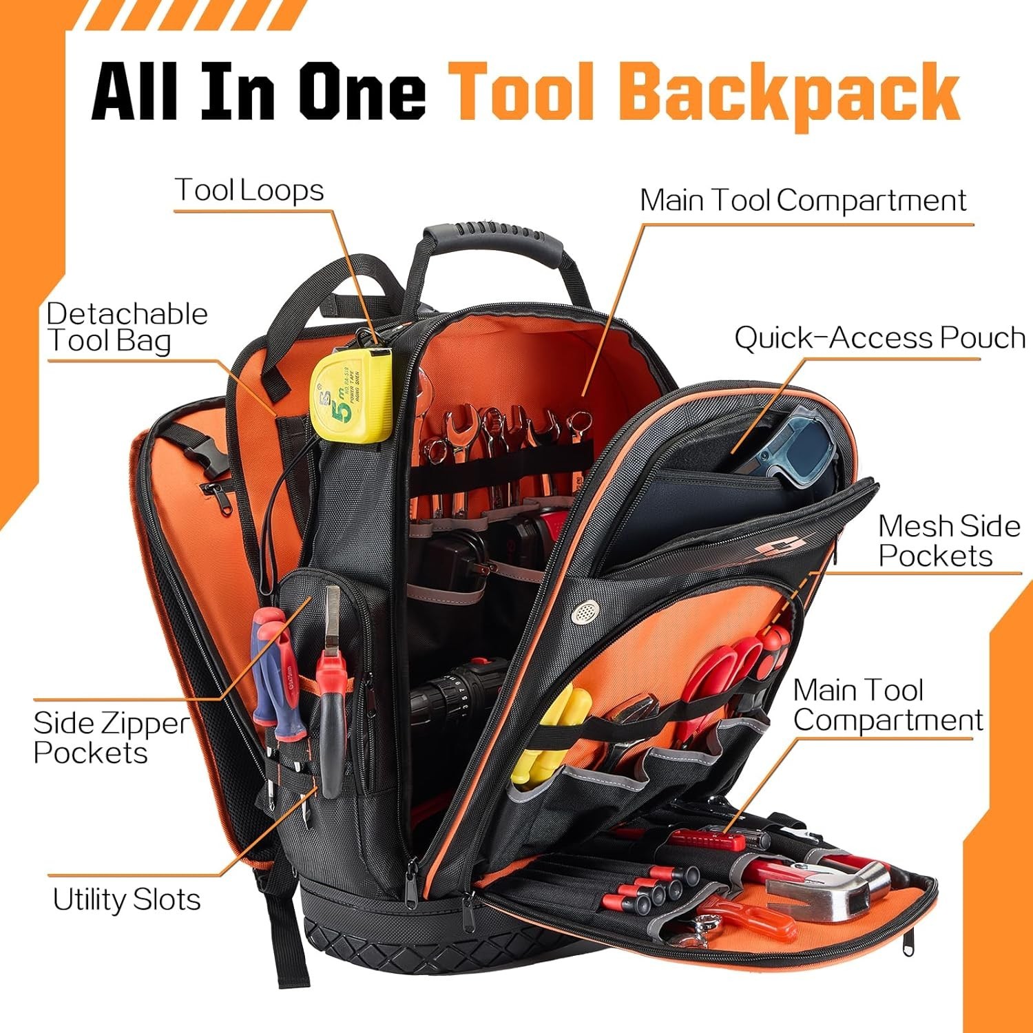 Tool Backpack, Heavy Duty Backpack Tool Bag, 1680D Tools Carrier for Electrician
