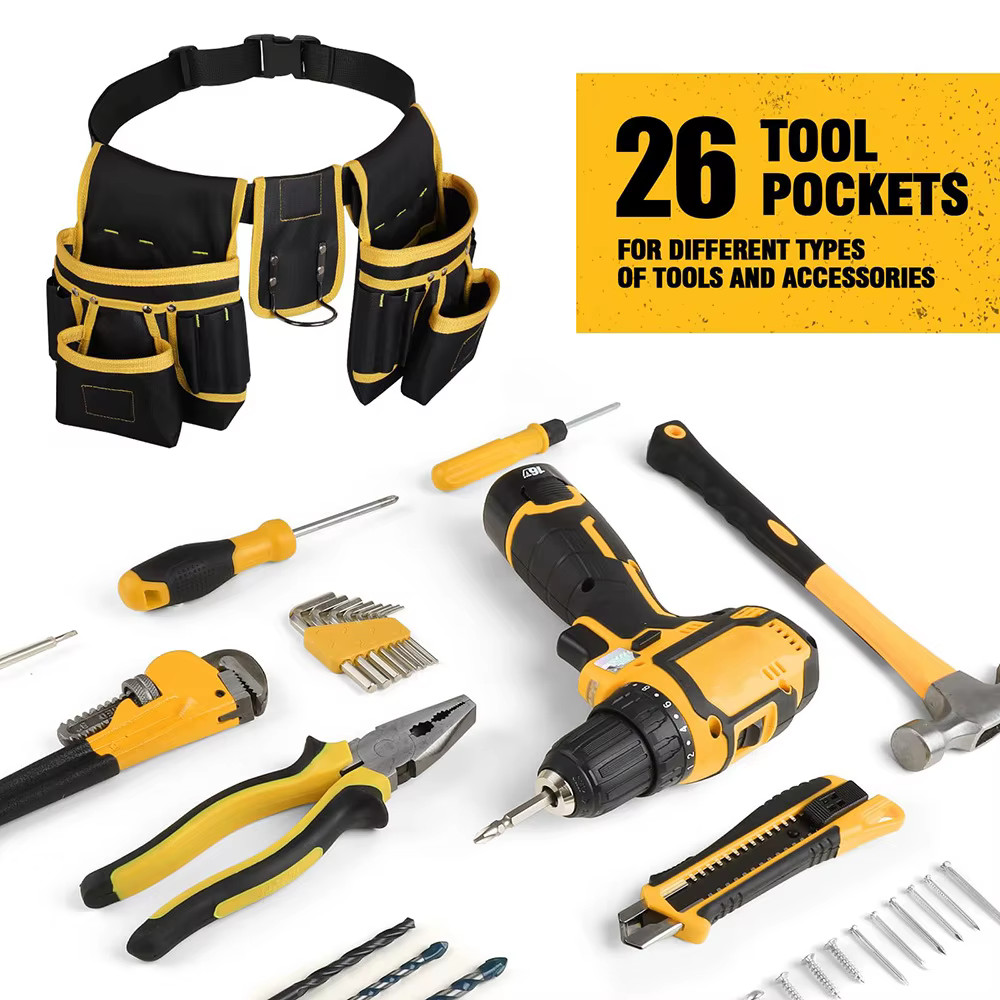 Waterproof Magnetic 22-Pocket Adjustable Tool Belt & Waist Bag with 12L Capacity