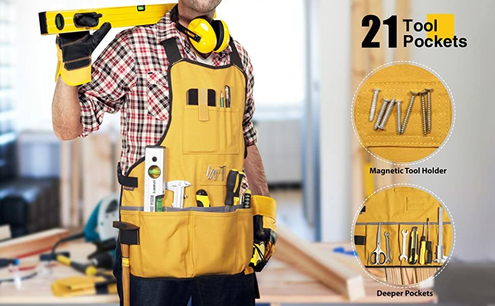 Briteree Work Tool Apron Torso Length with 21 Tools Pockets Magnetic Tool Holder