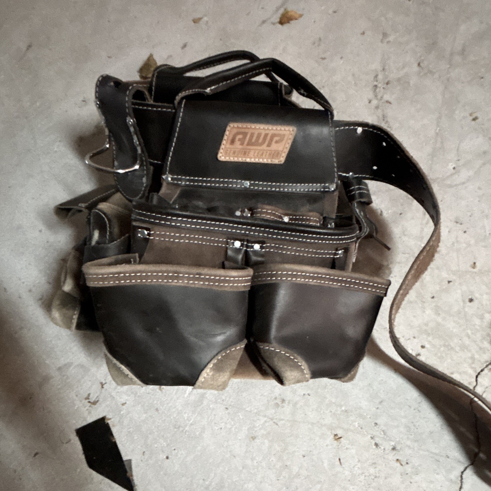 AWP Extreme Leather Tool Belt Pouch, Black Leather, Multiple Pockets & Loops