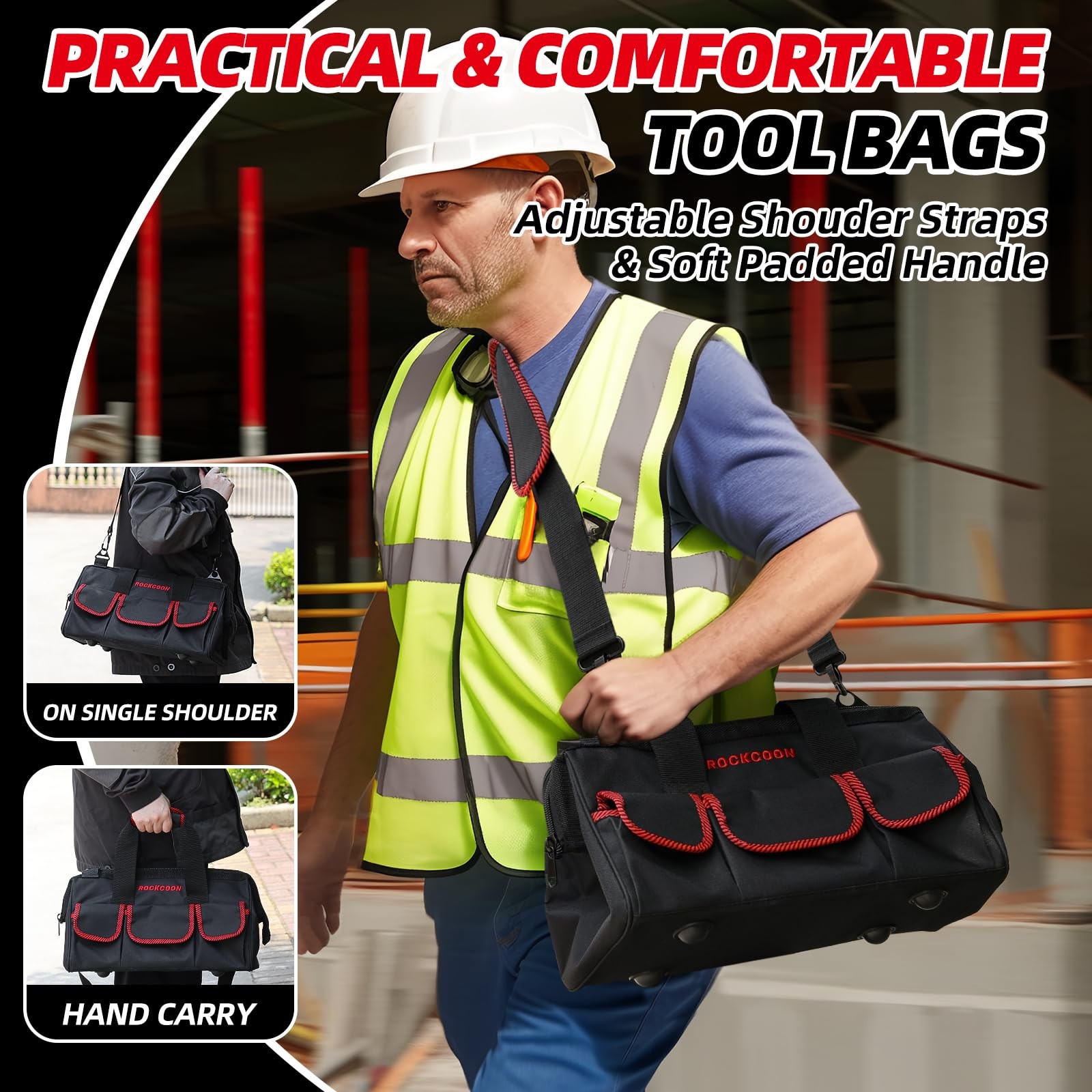 ROCKCOON Tool Bag 16”, Multi-pocket Organizer with Shoulder Strap, Red