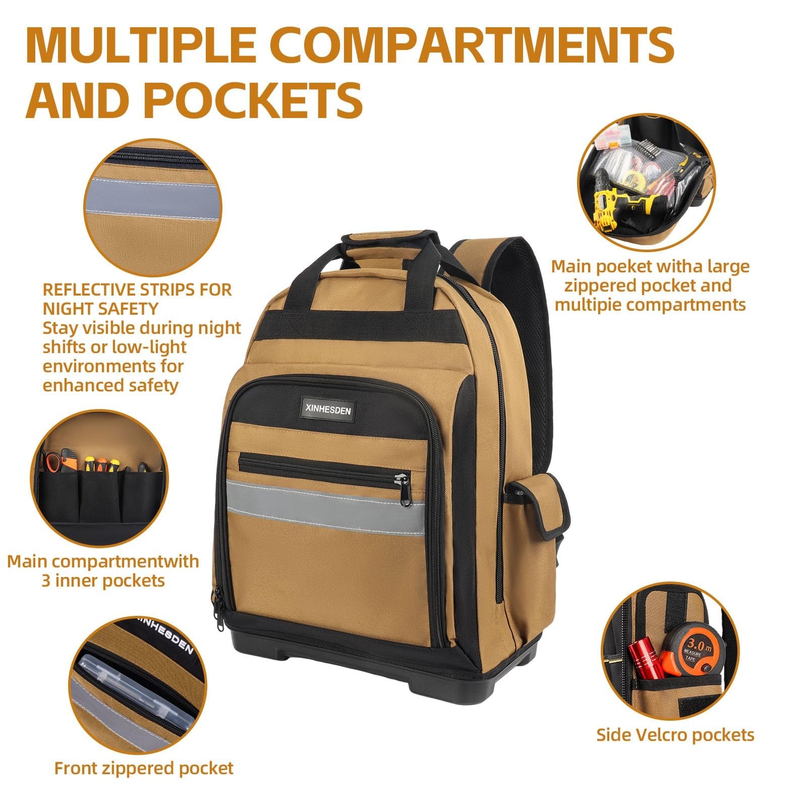 Heavy Duty Tool Backpack with Waterproof Base, Multi Pocket Organizer for Electr