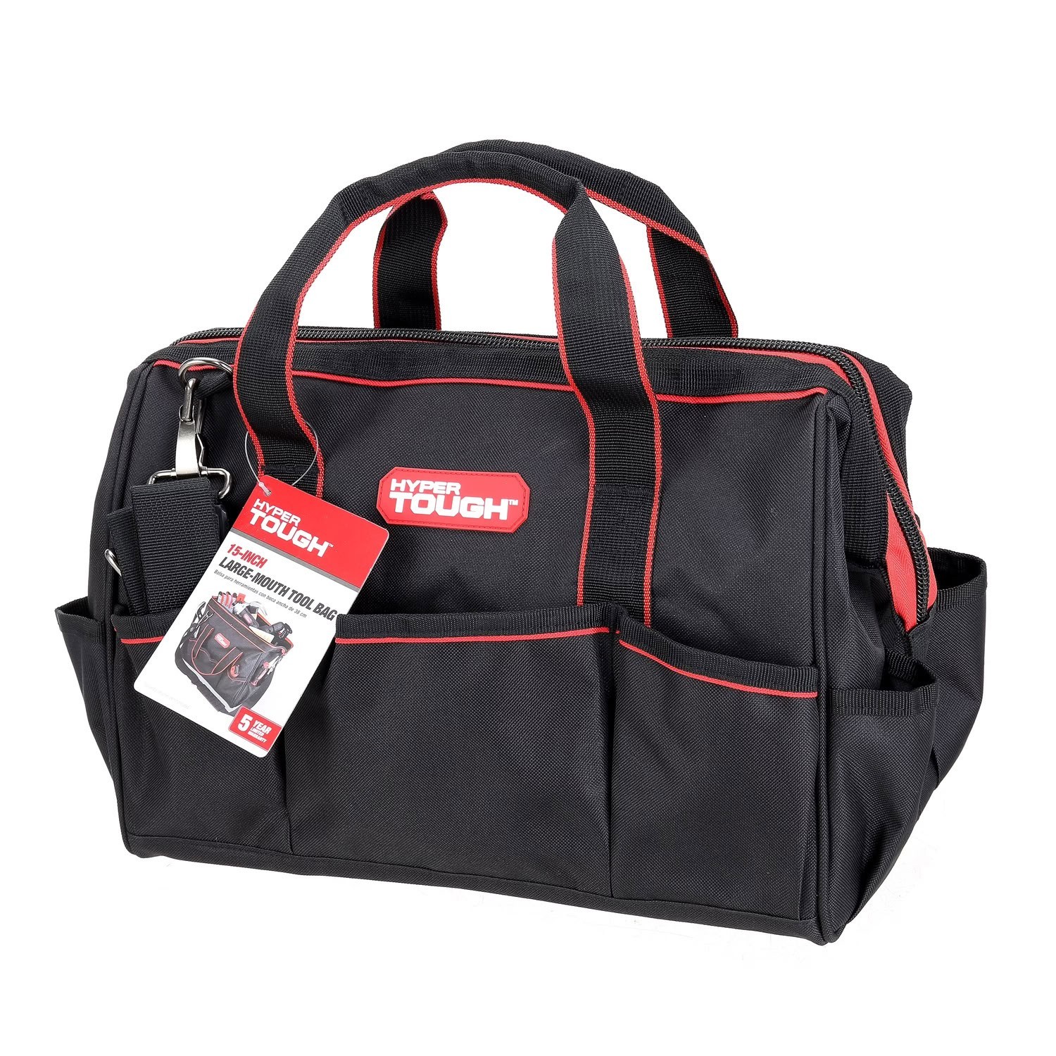 Hyper Tough 15 Inch Large Mouth Tool Bag Multi Pocket Construction Storage Tote