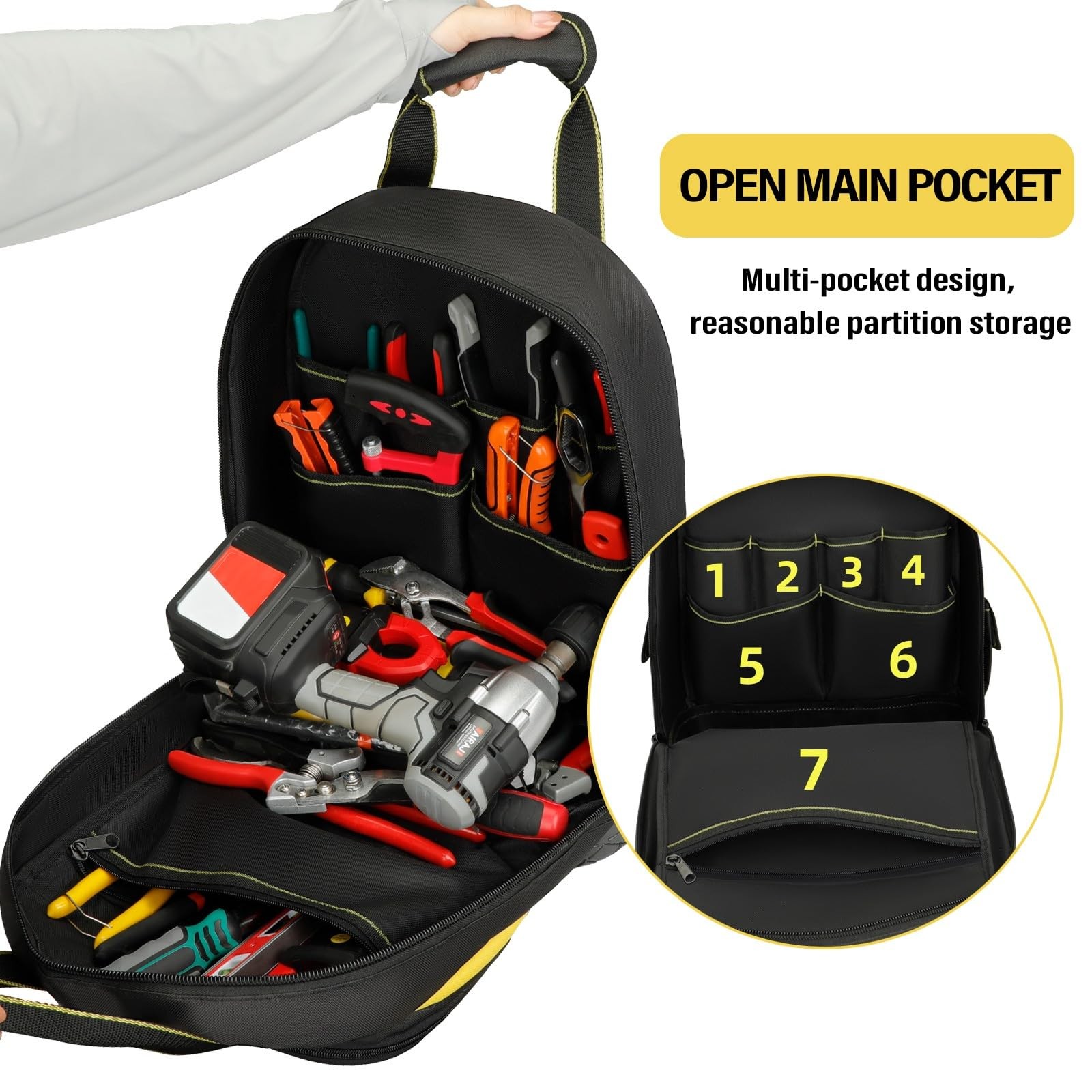 AIRAJ PRO Tool Backpack,17″Heavy Duty 15 x 8 x 17 inches, Black-Yellow