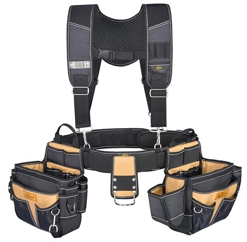Professional Tool Belt with Suspenders 42 Pockets 1680D Durable Fabric, Heavy Du