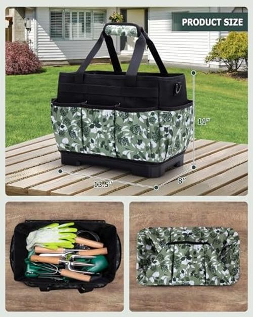 Garden Tool Bag with Hard Bottom, Garden Tote with Shoulder Strap | Green Rose