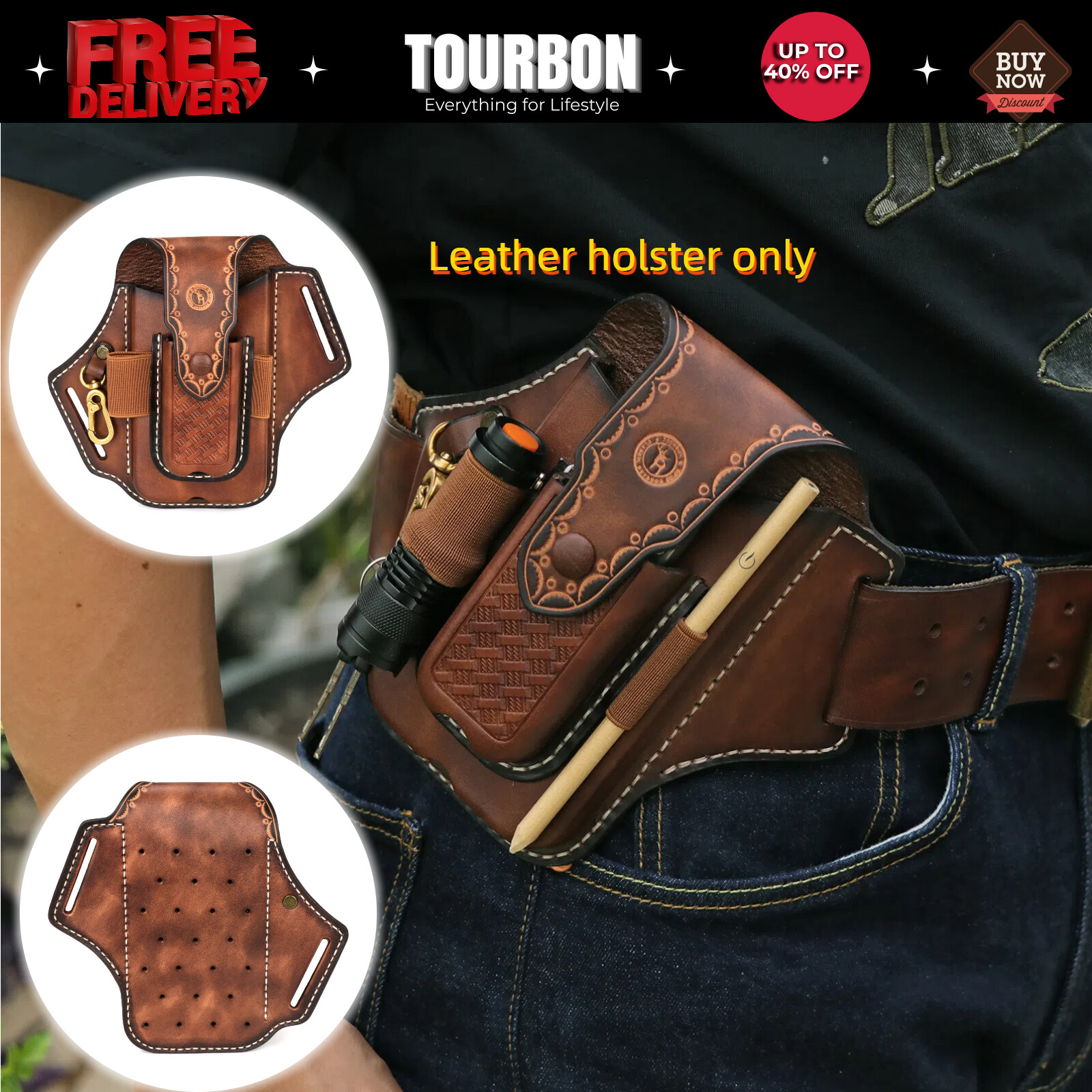 Leather Multitool Carry Belt Holster Pen Pouch Cell Phone Case-Special Offer