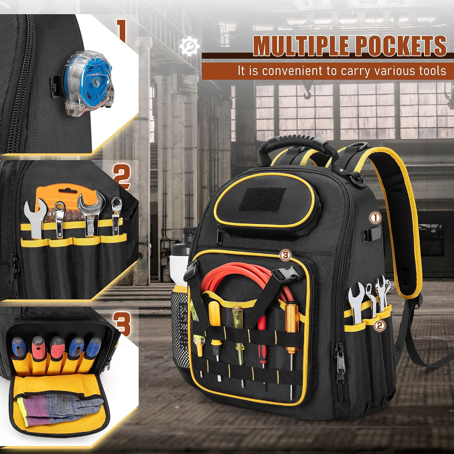 Heavy Duty Tool Backpack with Pouch, Molle Straps & Multiple Pockets