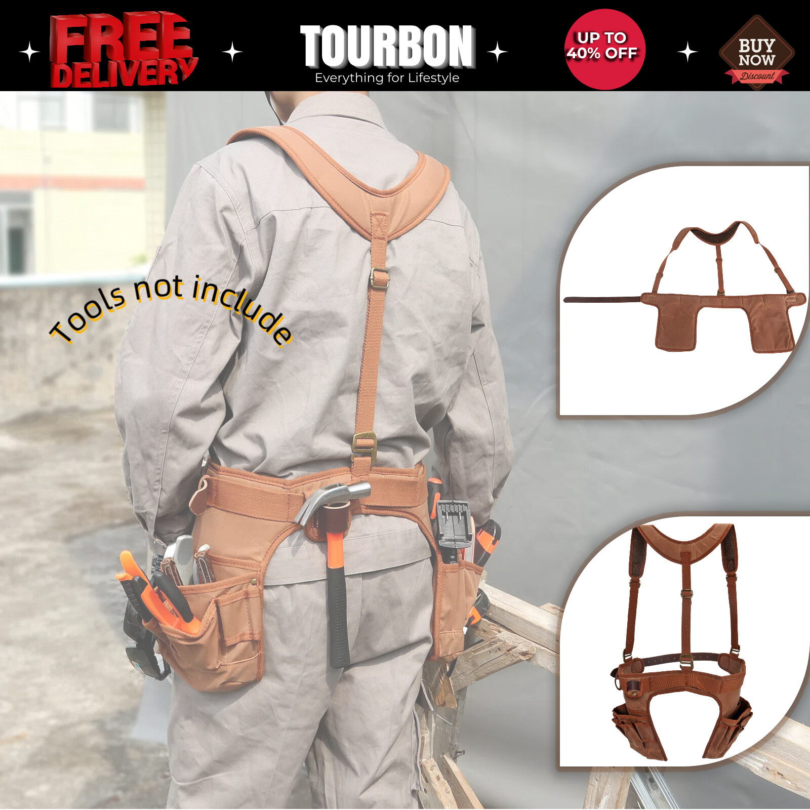 TOURBON Work Tool Belt Suspender Drill Pouch Electricians Carpenter Harness Vest
