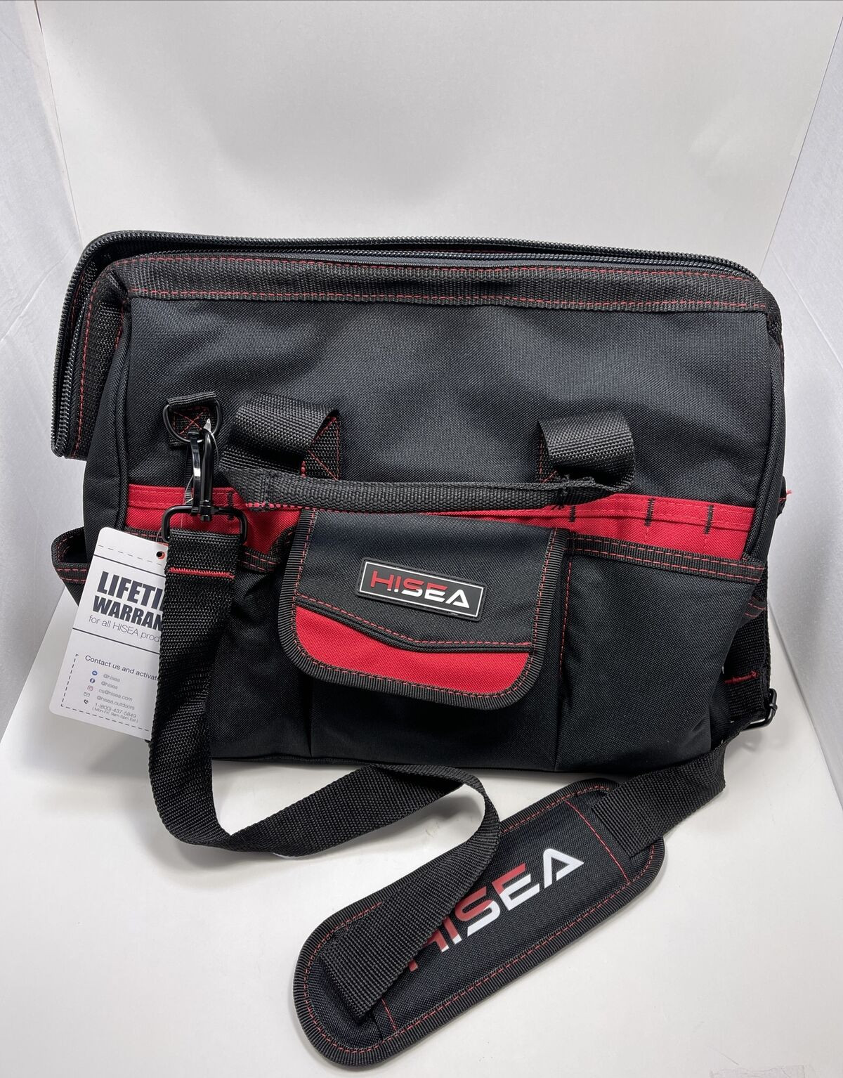 HISEA 16-Inch Collapsible Tote Tool Bag with Shoulder Strap – 18 Pockets (Red)