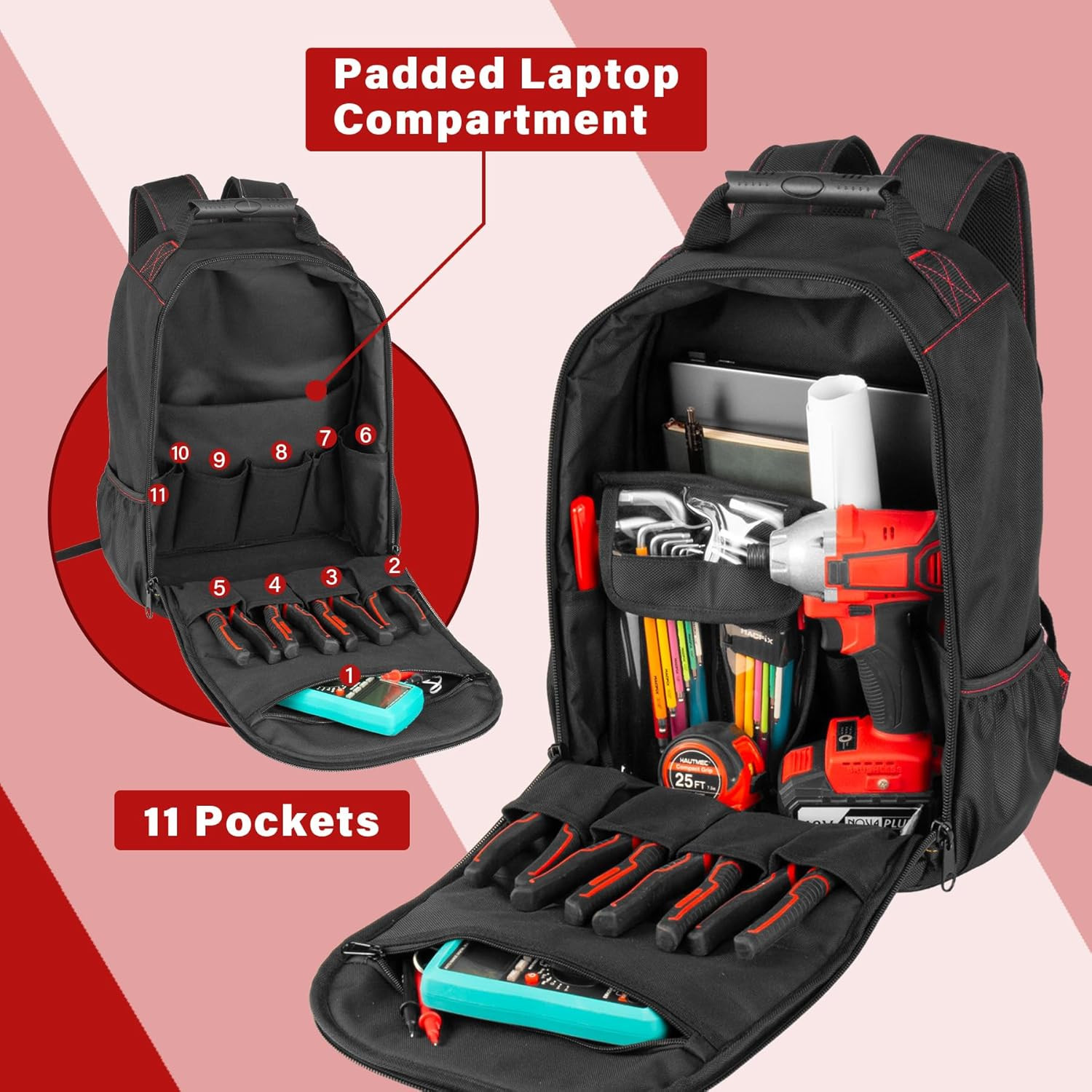 Durable Tool Backpack with Laptop Compartment & 11 Storage Pockets
