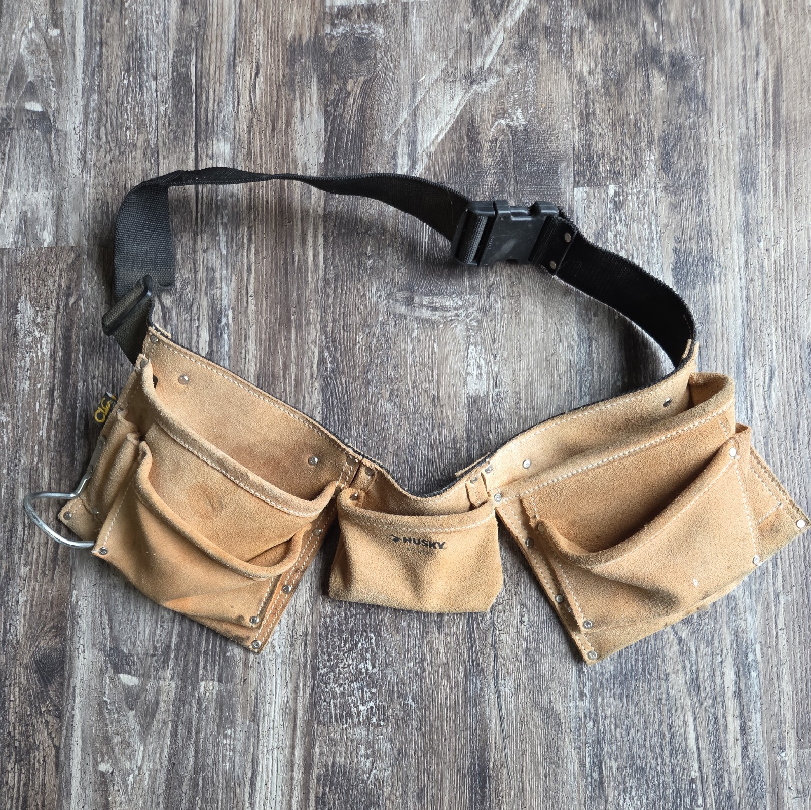 Husky Canvas Leather Brown Construction Tool Belt -5 Pockets, Hammer holder CLC