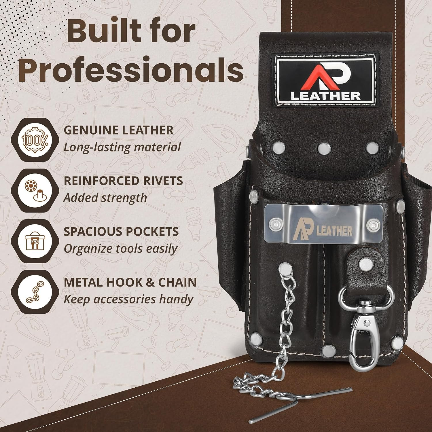 Ap-Leather Pro-5 Electrician Pouch, Leather Tool Pouch, 5 Pocket Pouch