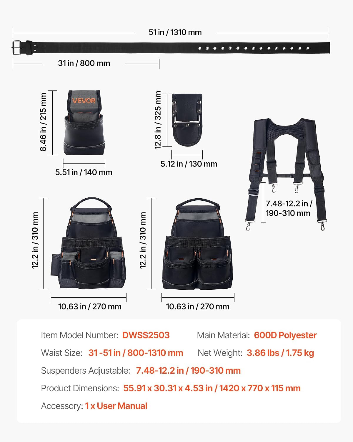 Tool Belt, 19 Pockets Tool Pouch with Suspenders for Men, Heavy Duty Adjustable