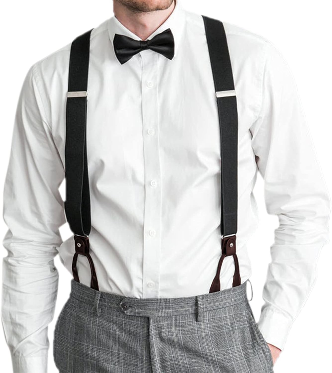AWAYTR Mens Brown Button End Suspenders – Adjustable Elastic Y Shape Black