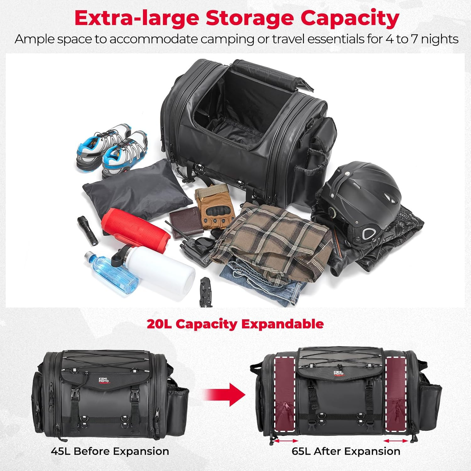Motorcycle Travel Luggage Bags, 60L Expandable Large Capacity Motorcycle Tail Ba
