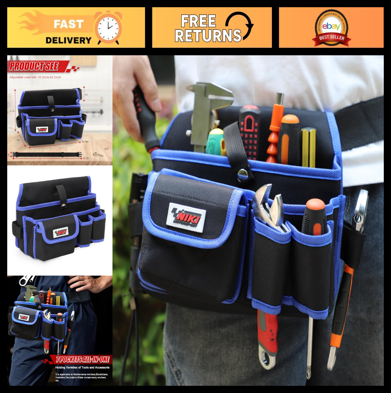 Durable 600D Oxford Cloth Tool Belt for Men – 7 Pockets, Ideal for Electricians,