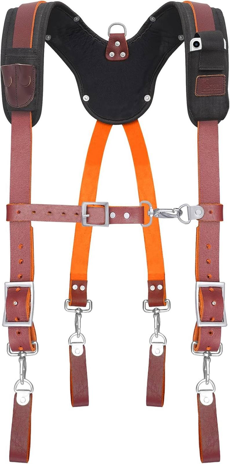 Leather Work Suspender with Cell Phone Pocket | Fully-Adjustable Padded Heavy Du