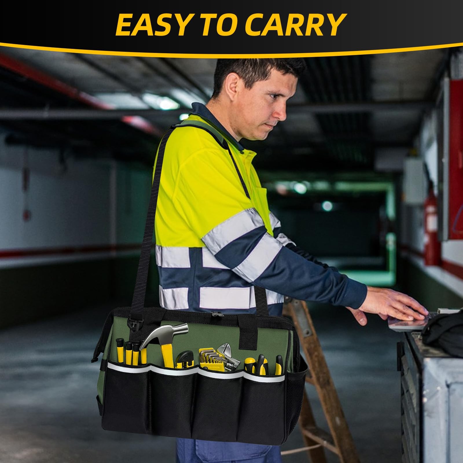 Portable Tool Bag Heavy Duty Tool Box Organizer with Shoulder Strap, Green