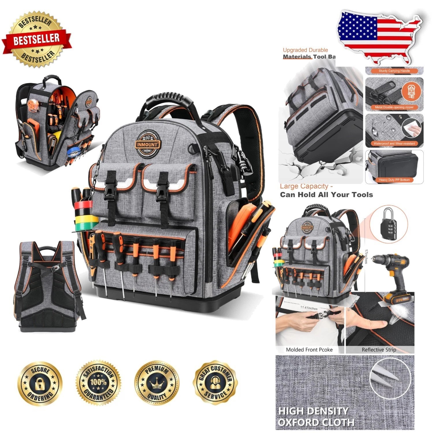 Professional Tool Backpack: Gray, 1680D Ballistic, Laptop Compartment