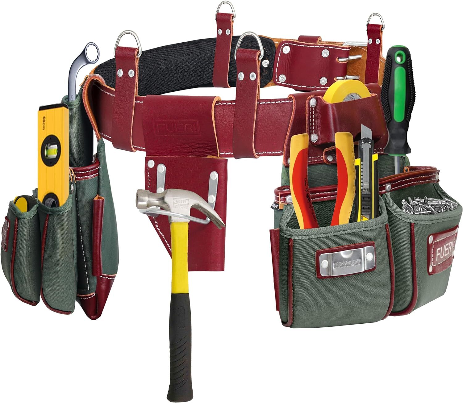 FUERI Men’s Tool Belt in Nylon & Leather | Tool Pouch Set (Green & Maroon)