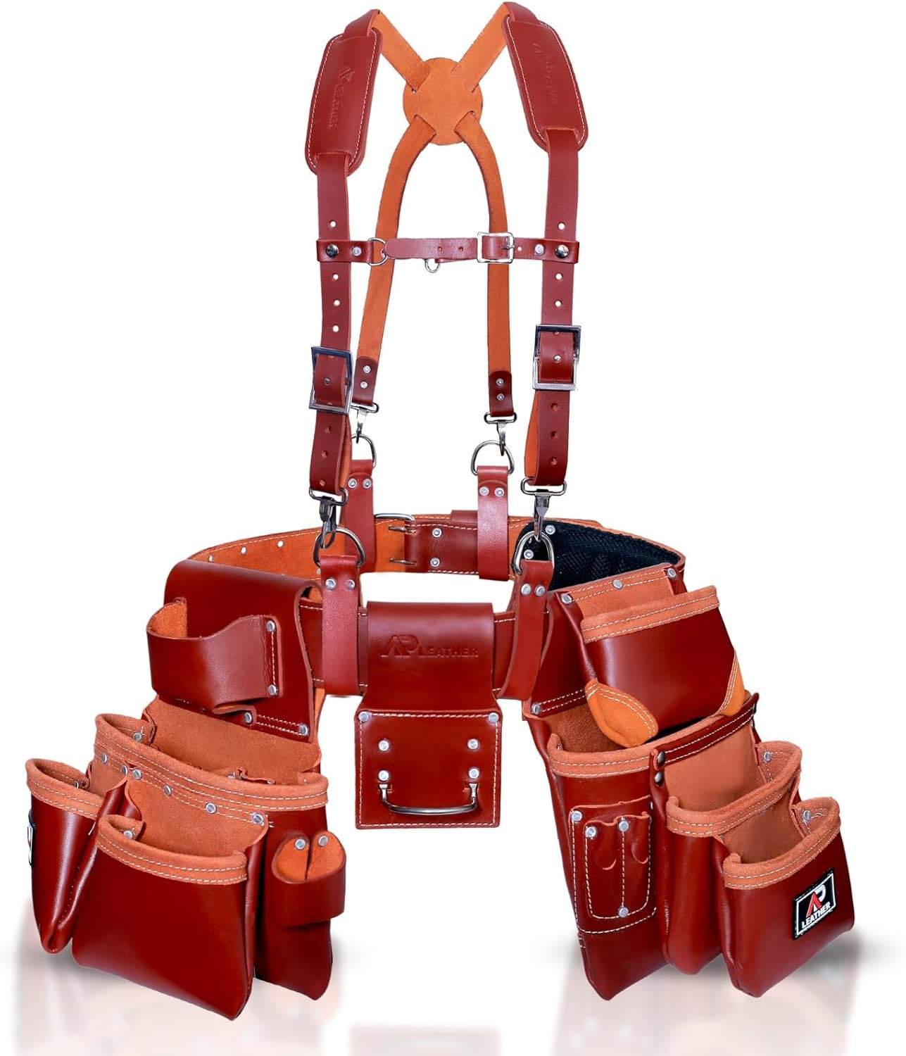 Premium Maroon Full Grain Leather Tool Belt with Comfort Suspenders
