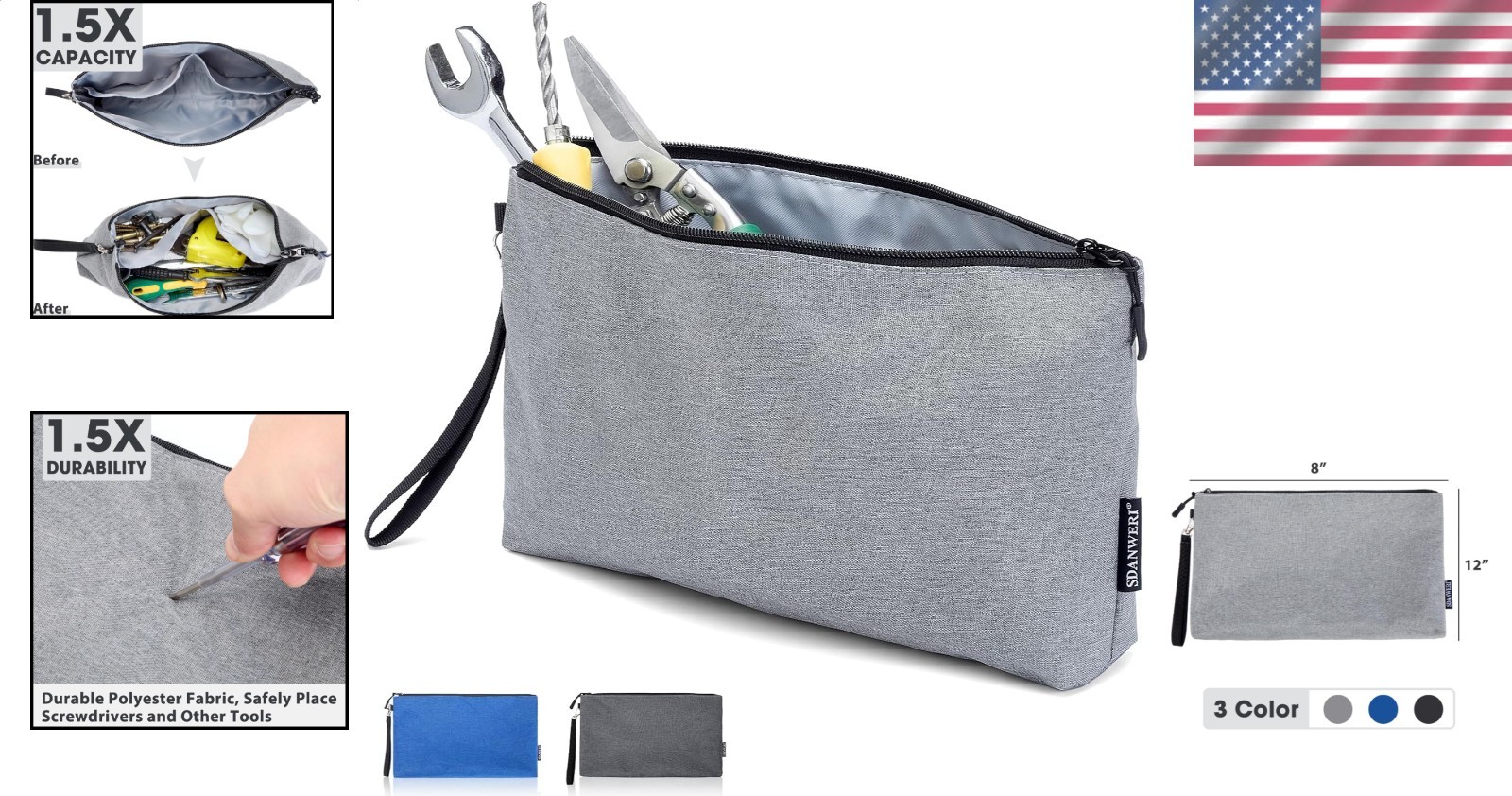 12 Inch Gray Tool Pouch Bag, Travel Organizer, Heavy Duty Polyester Grab Handle