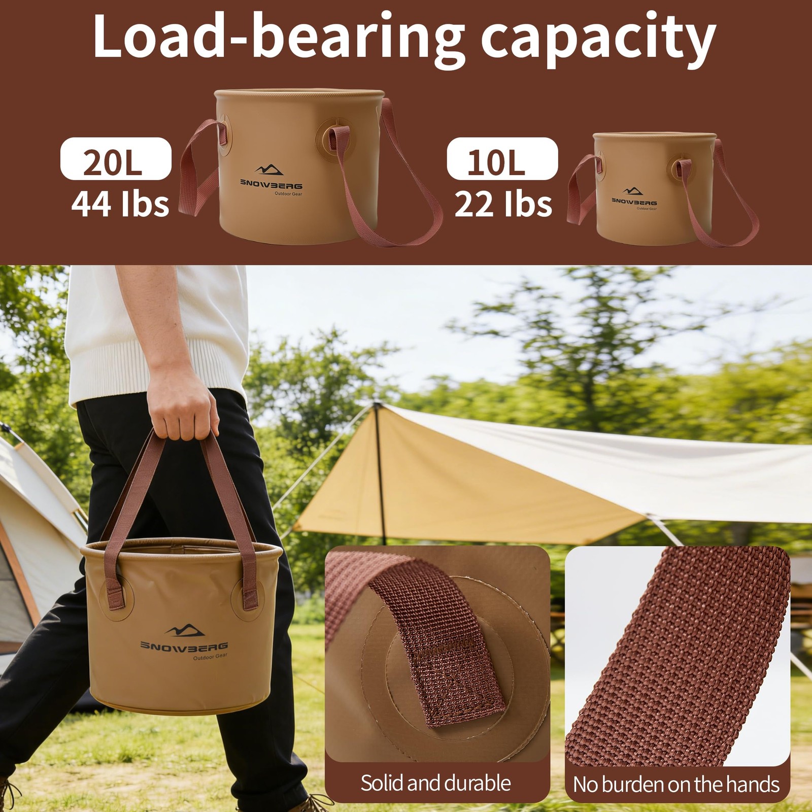 Brown 20L Collapsible Bucket With Handle Portable Car Wash RV Fishing Camp