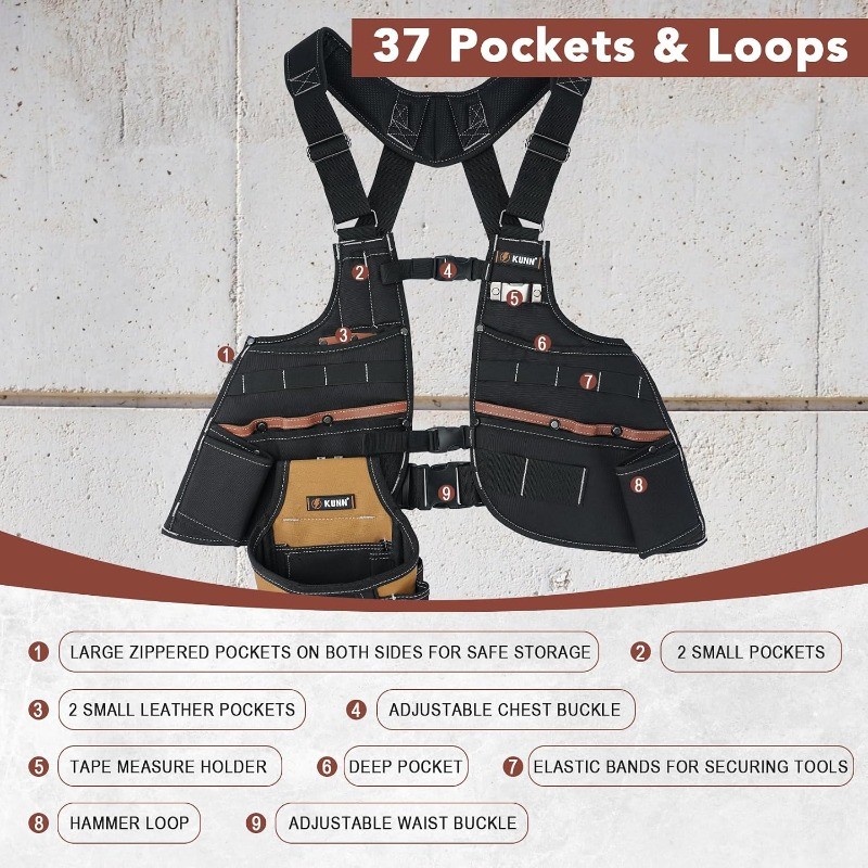 Leather Tool Vest for Men – Adjustable 37-Pocket Work Vest for Electricians