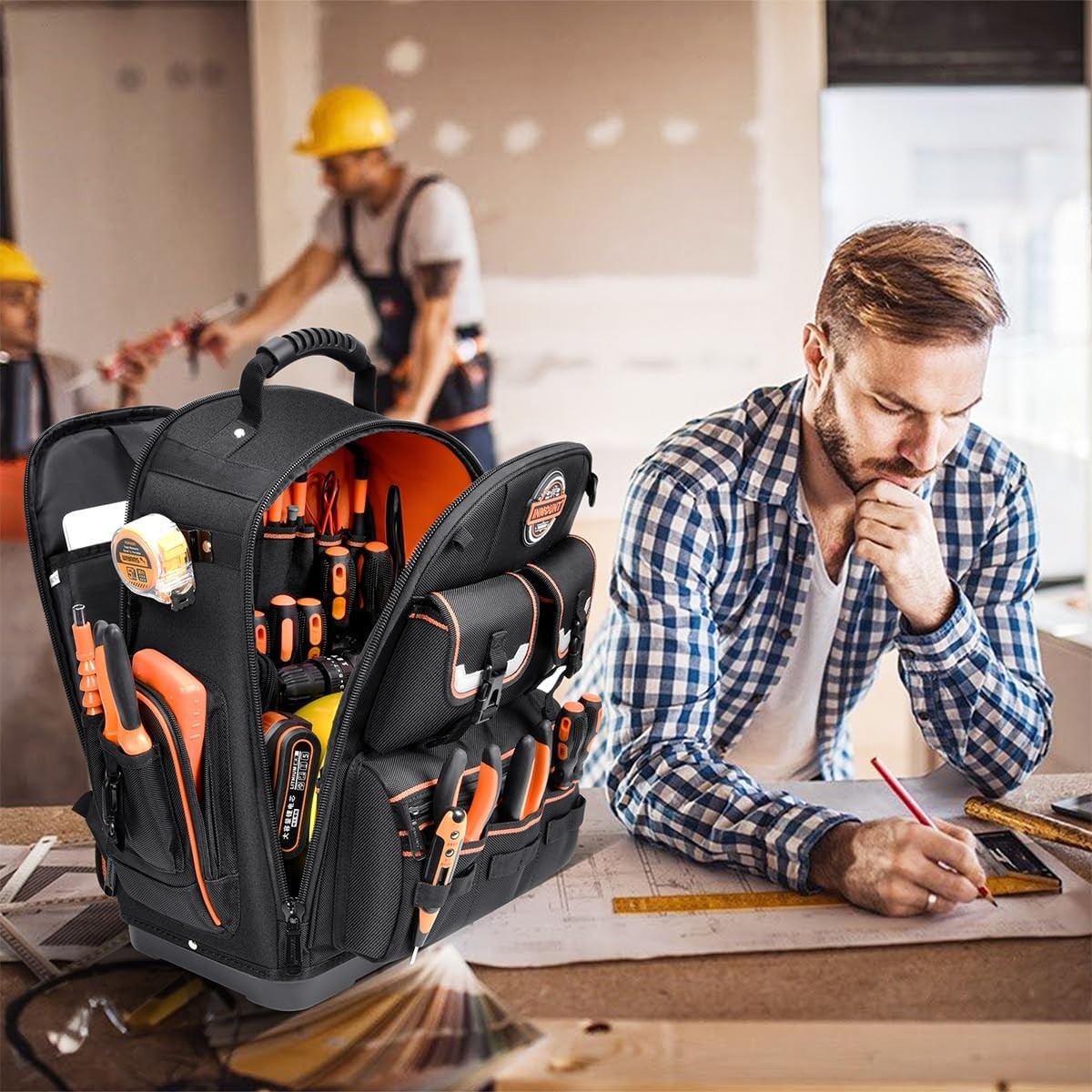 LOKASS Tool Backpack Heavy Duty with Molded Bottom, 1680D 56-Pocket Tool Bag