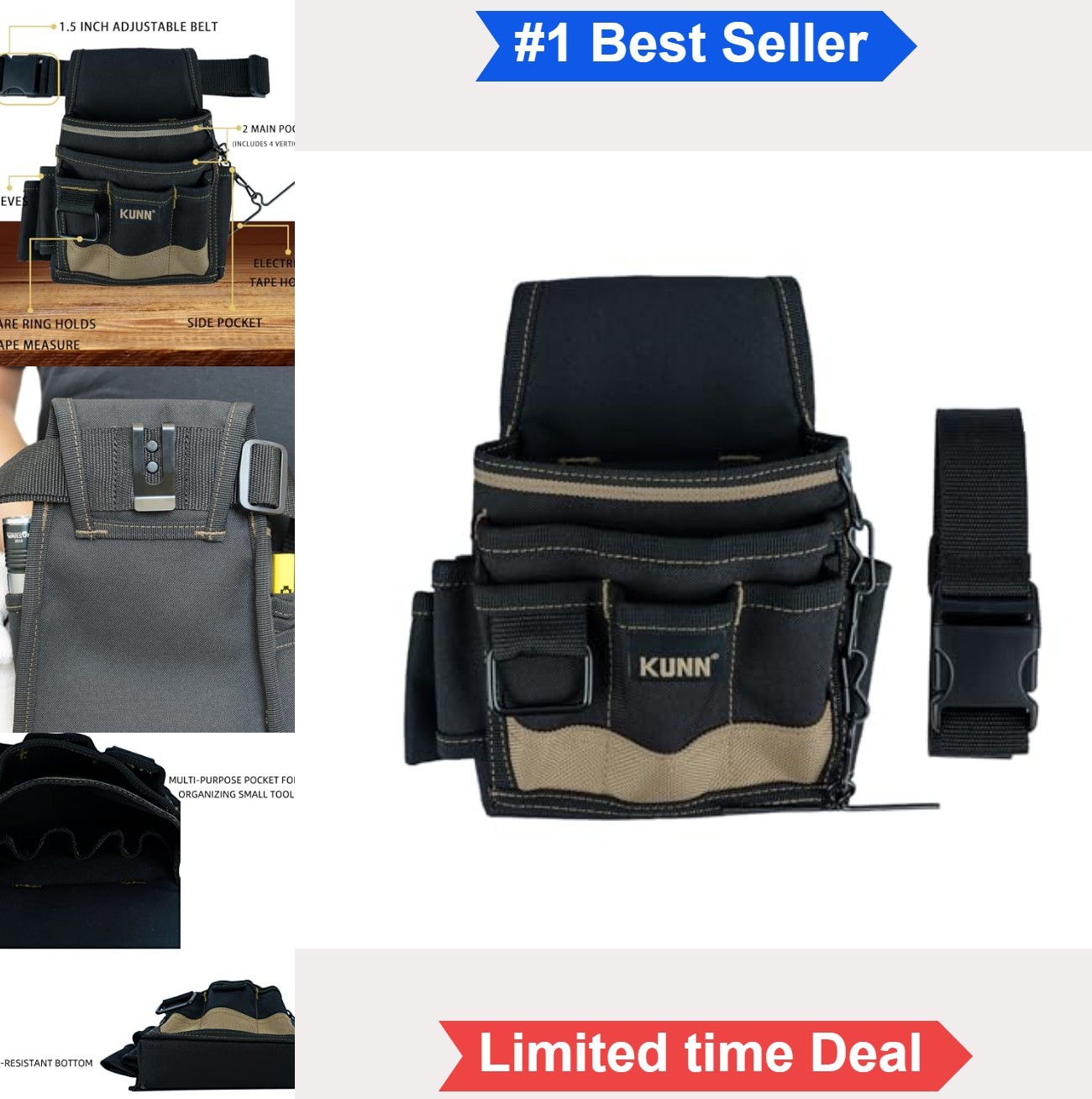 Electrician Tool Pouch 13 Pockets Belt Clip 1.5 Inch Work Belt Khaki Polyester