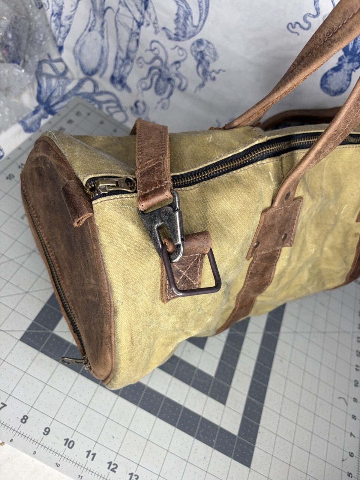 Hide & Drink Waxed Canvas Beige Duffle Weekend Bag W/ Leather Shoulder Strap (K2
