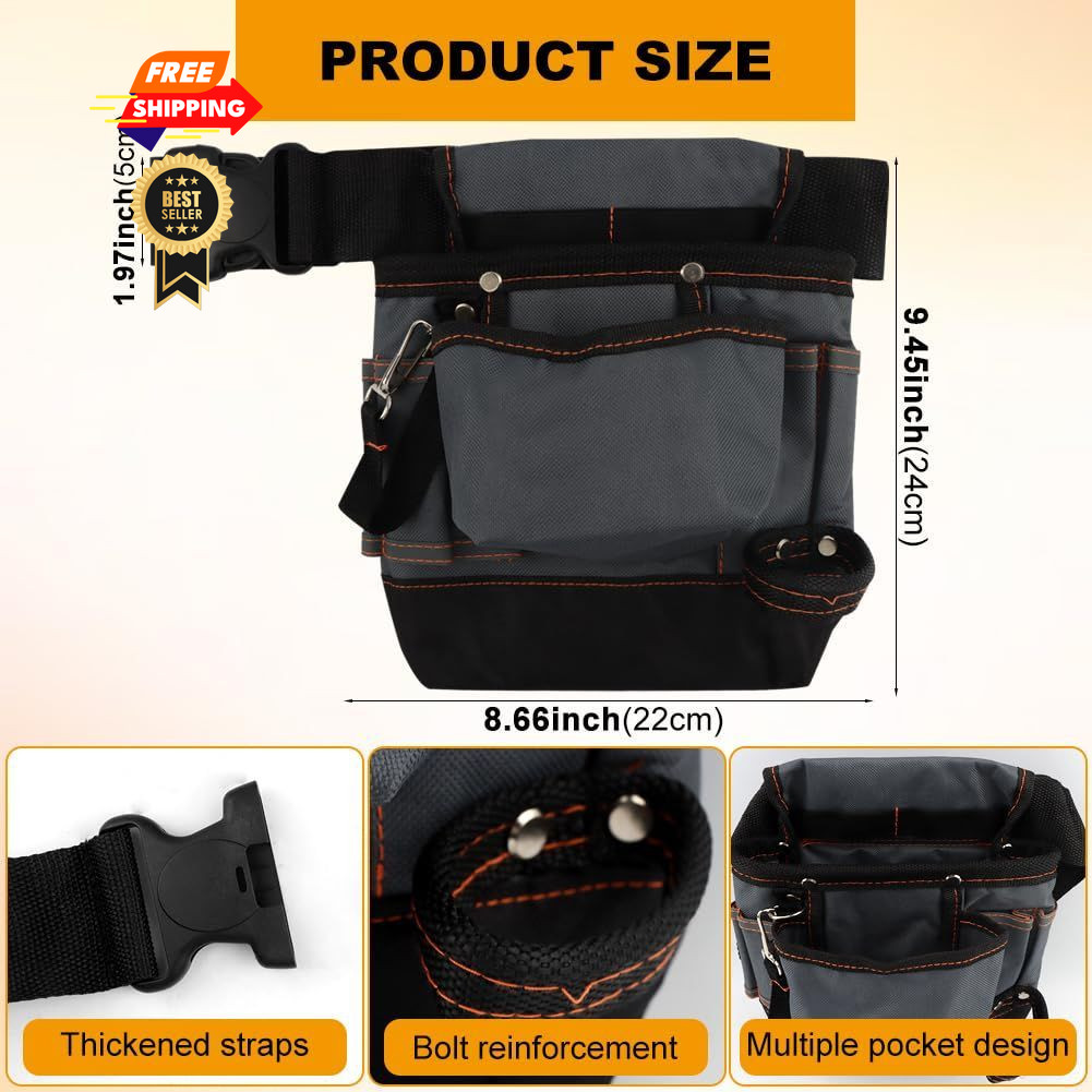 Tool Belt Pouch with Multiple Pocket, Adjustable Utility Black+Grey