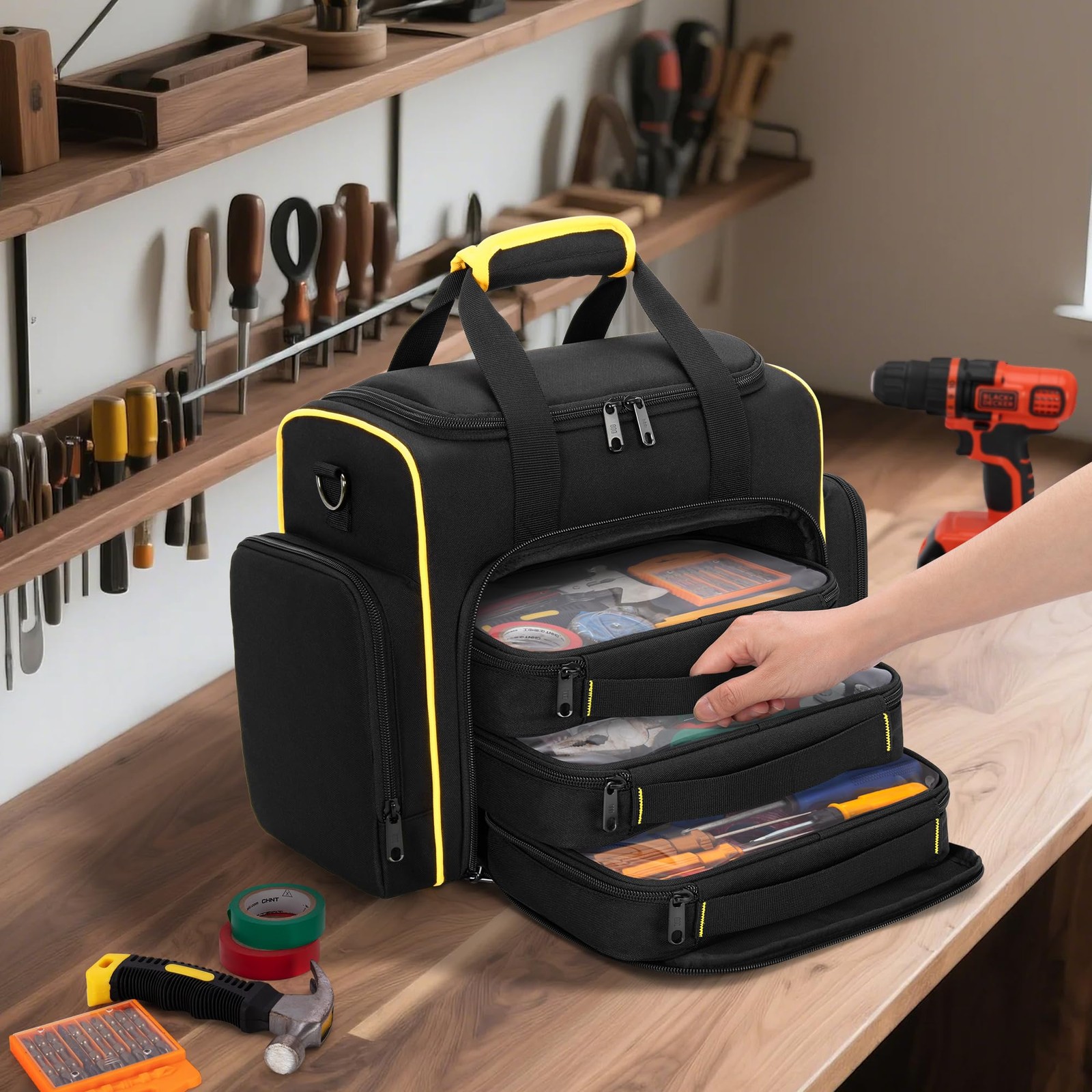 Tool Bag 3 Removable Cases 2 Layers Tote Hand Tools Black Yellow Binding