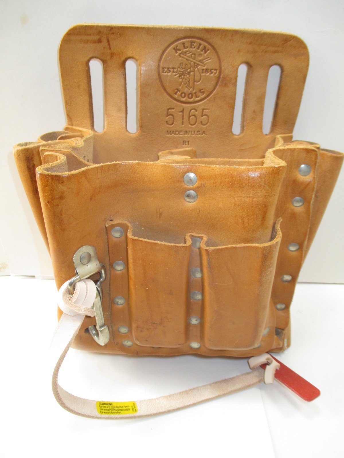 KLEIN TOOLS 5165~10-POCKET -TAN LEATHER TOOL POUCH & 5207-L BELT~TAPE THONG~USA