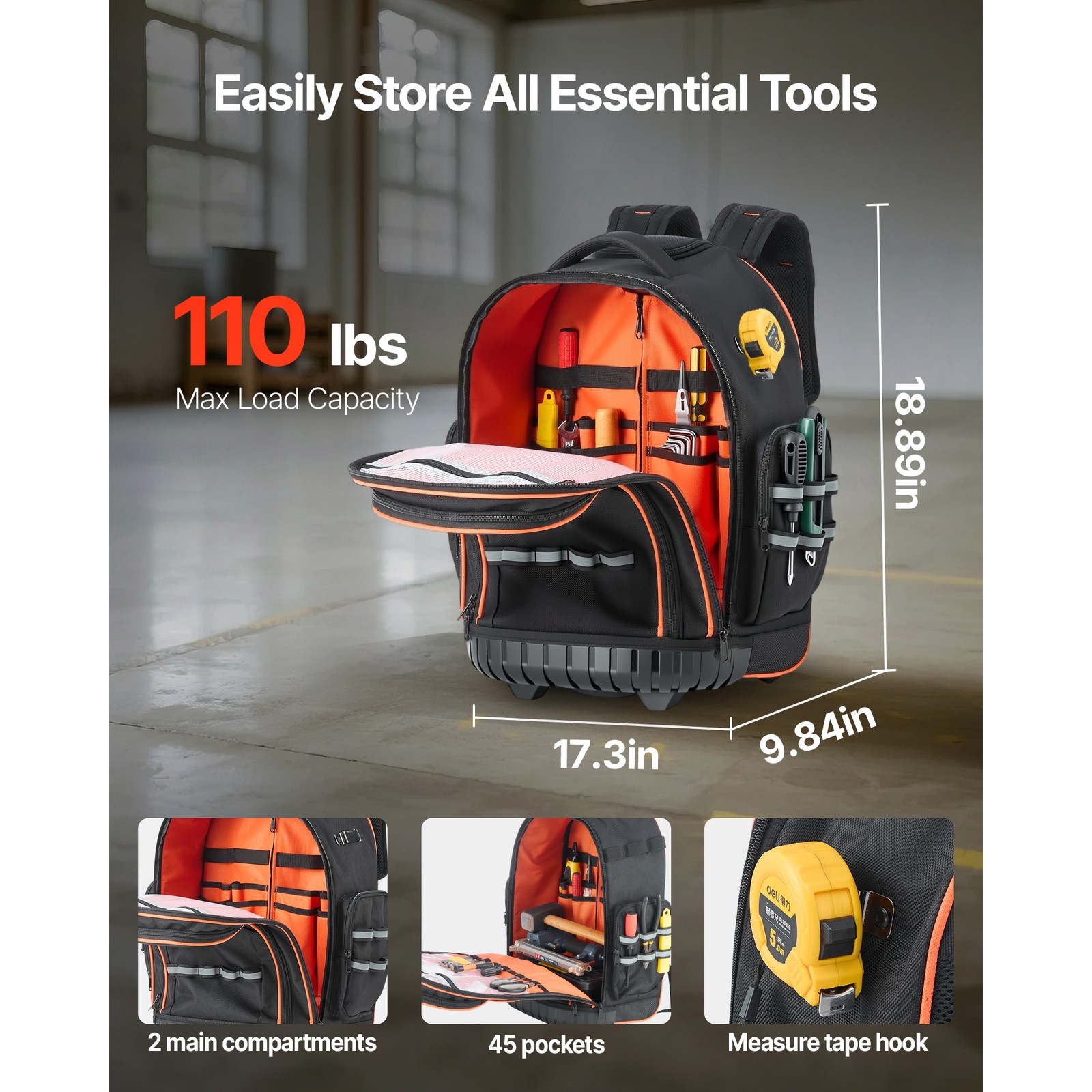 Uimoso Rolling Tool Backpack with 45 Pockets and Durable Wheels for Heavy Tools