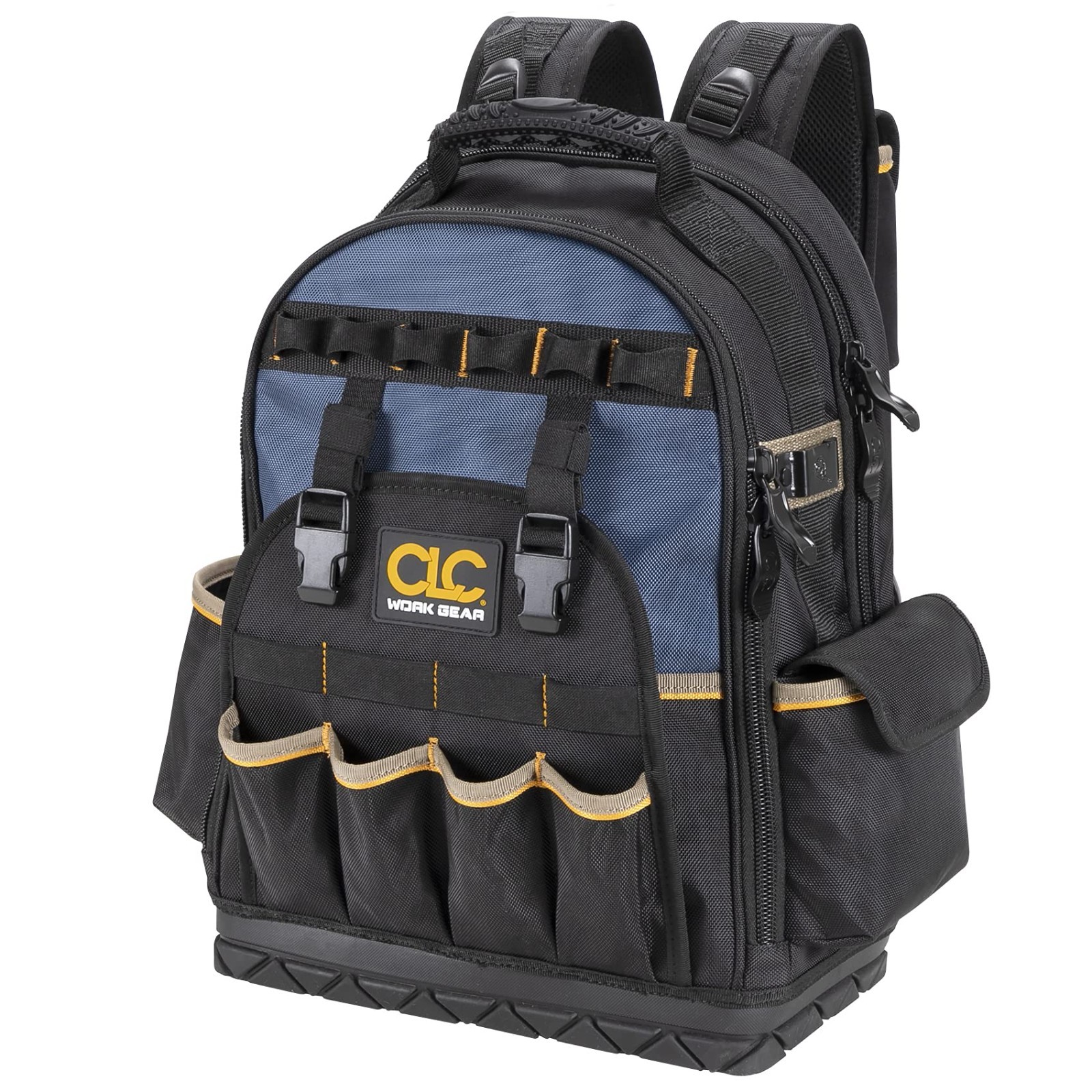 38 Pocket Tool Backpack with Molded Base – Durable Work Gear, Black/Blue