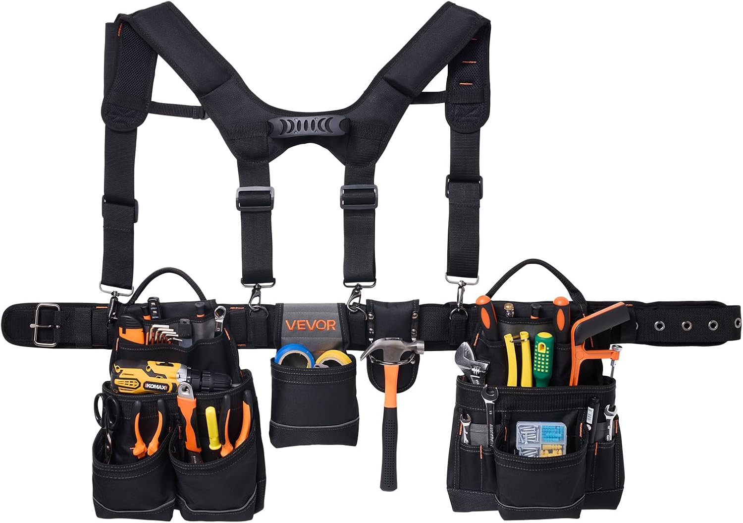 Tool Belt, 19 Pockets Tool Pouch with Suspenders for Men, Heavy Duty Adjustable