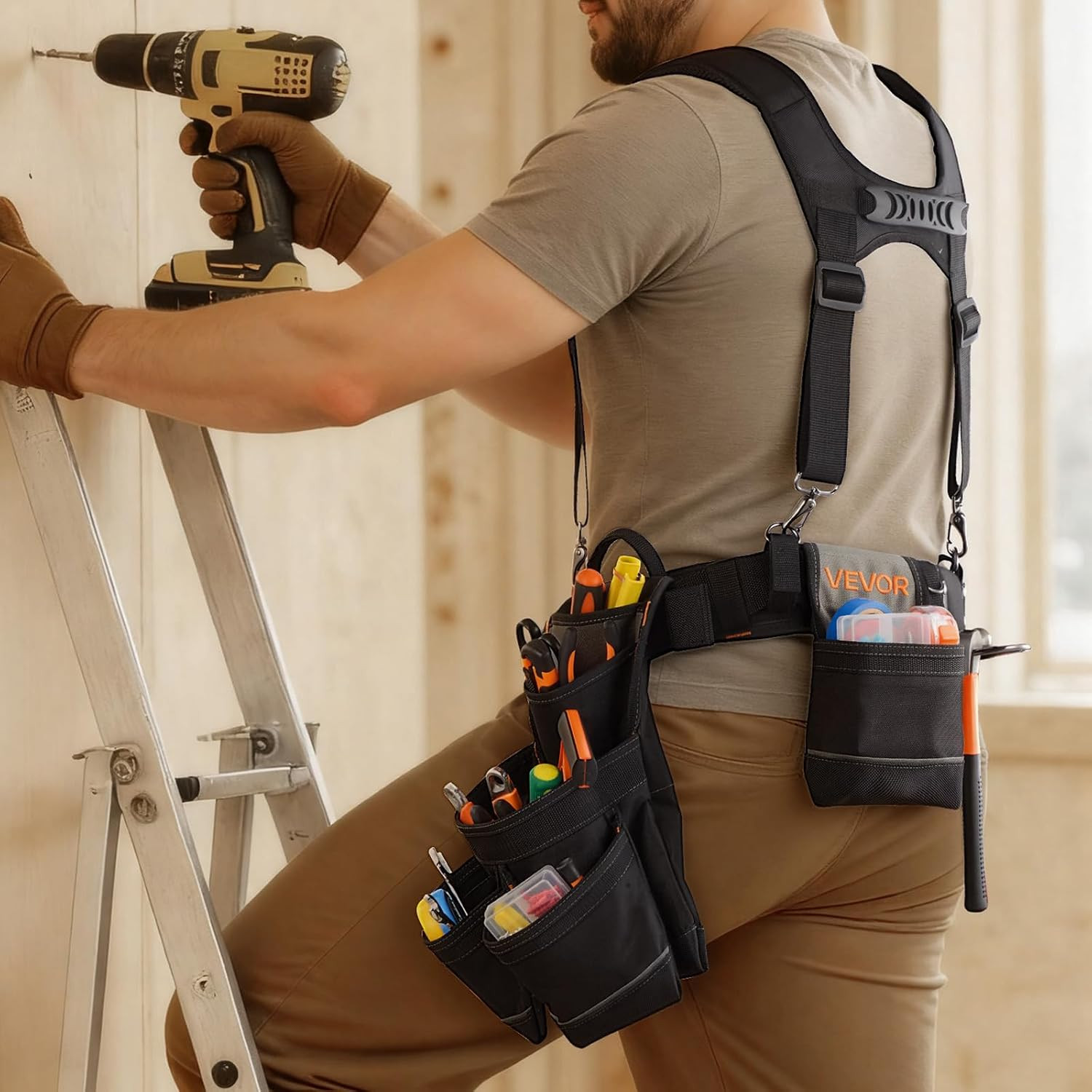 Tool Belt, 19 Pockets Tool Pouch with Suspenders for Men, Heavy Duty Adjustable