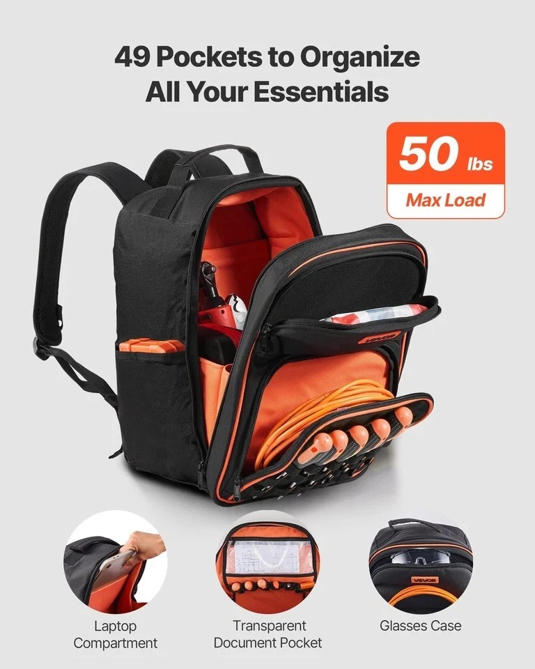Tool Backpack 49 Pockets Tear-resistant Jobsite Backpack for Electrician